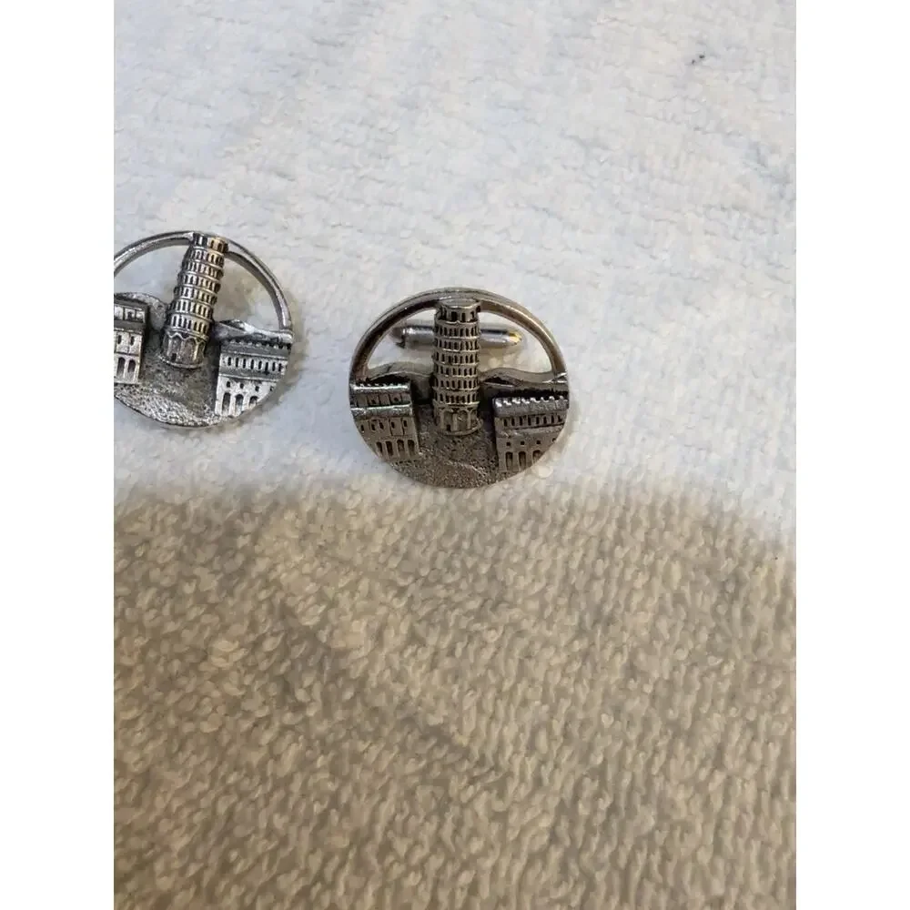 Vintage Swank Leaning Tower of Pisa Cufflinks Tie Clip Set Silver Tone